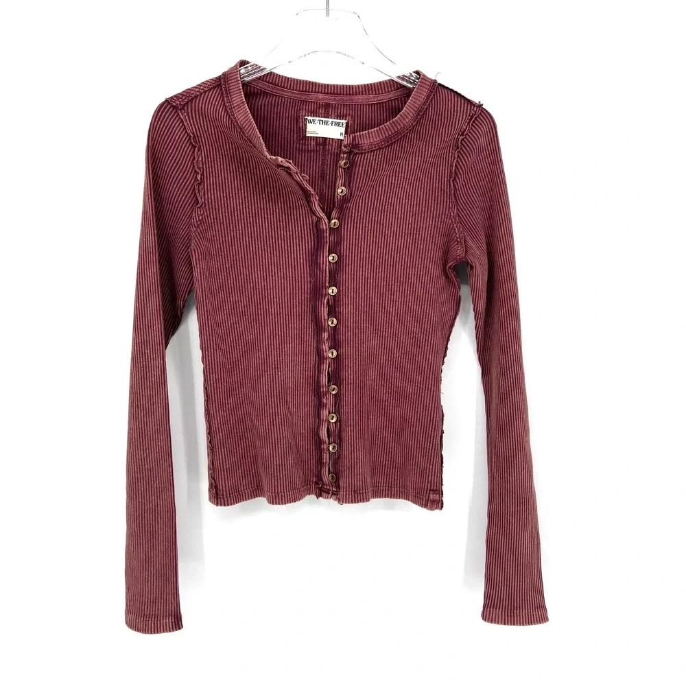 Free People Top womens M Maroon Ribbed Tight Boho Indie We The Free Basic